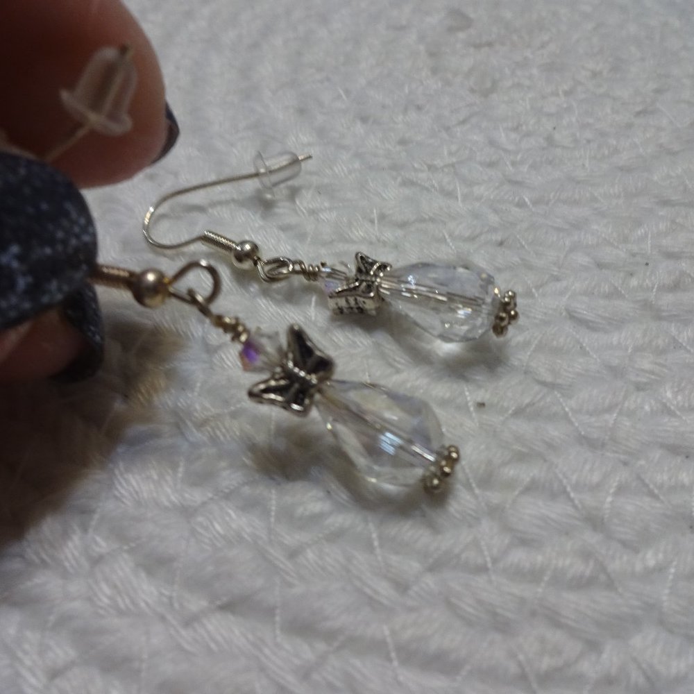 Beautiful CRYSTAL & SILVER BUTTERFLY Handmade Sterling 925 Dangle Earrings #5D